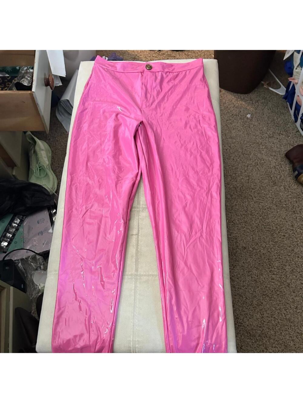 Pink PVC pants with a shiny finish #rave #festival #clubwear